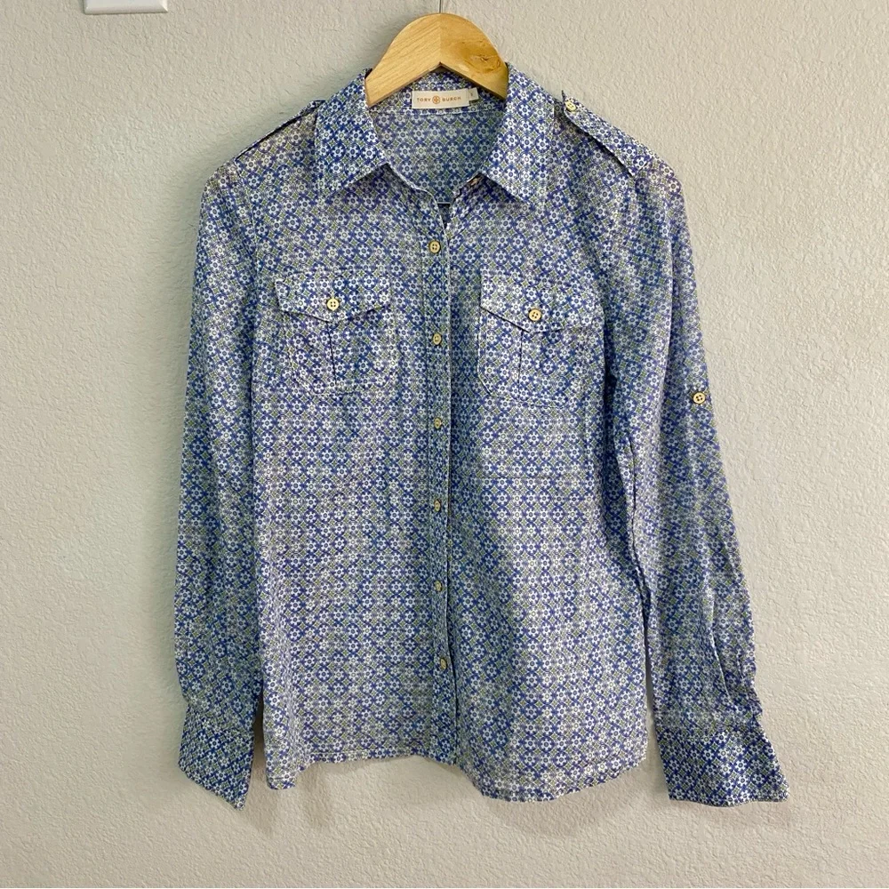 Tory Burch Blue Geometric Tile Print‎ Roll Tab Utility Shirt Size 8